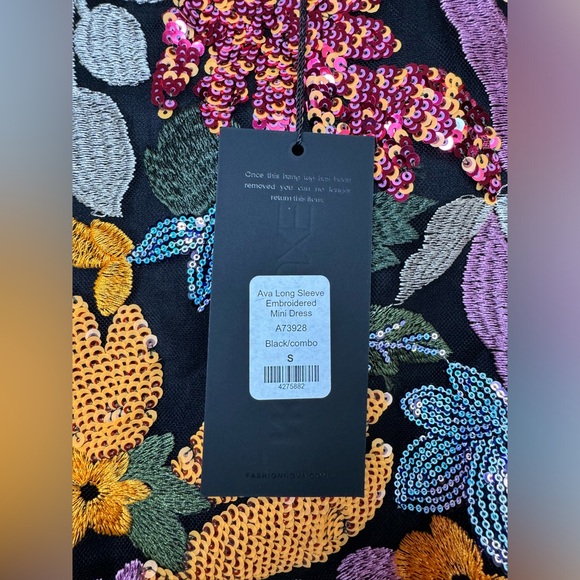 NWT Fashion Nova Ava Long Sleeve Embroidered Mini Dress S Black Floral Bodycon - Picture 7 of 10